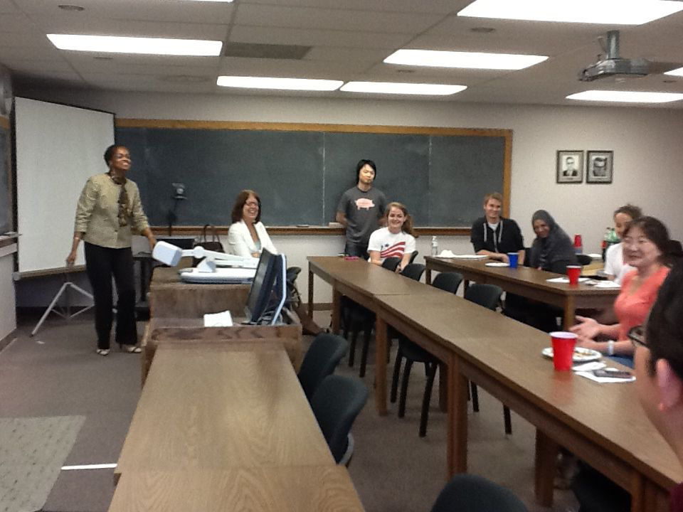 Barbara Ballard having lively discussion with class