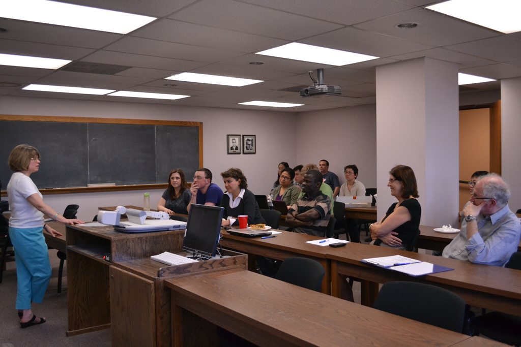 Donna Ginther talking in front of class