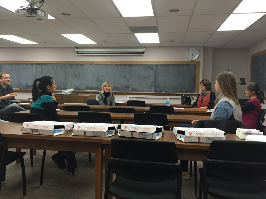 Andrea Greenhoot talking with students